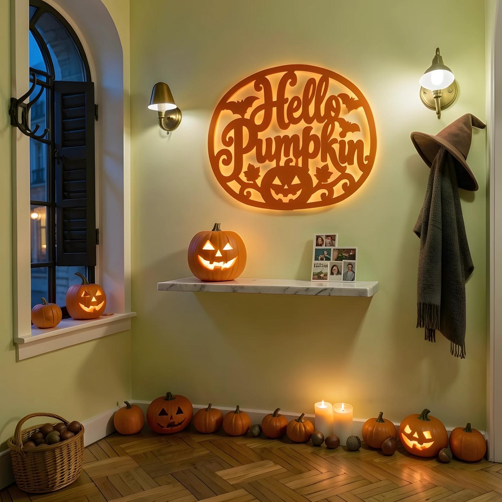 Hello Pumpkin Halloween LED Metal Wall Art – Autumn Glow, Front Porch Entryway Decor — 8