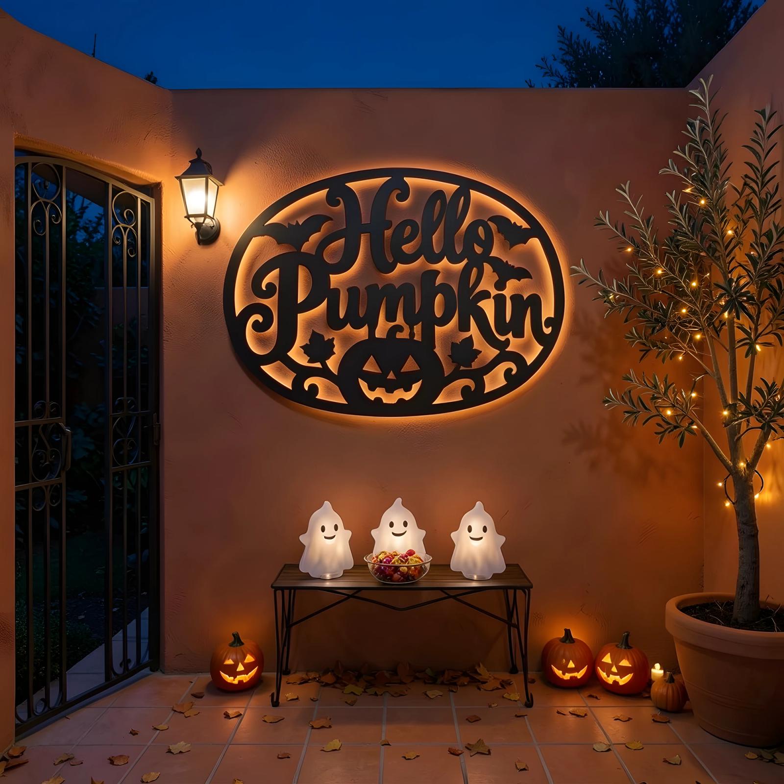 Hello Pumpkin Halloween LED Metal Wall Art – Autumn Glow, Front Porch Entryway Decor — 9