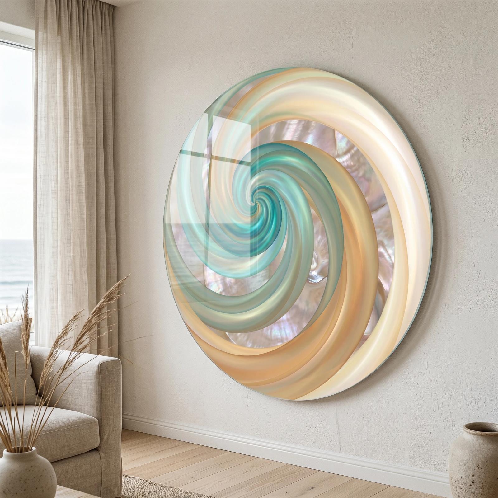 Teal Spiral Glass Wall Art Iridescent Vortex Tempered Glass Print