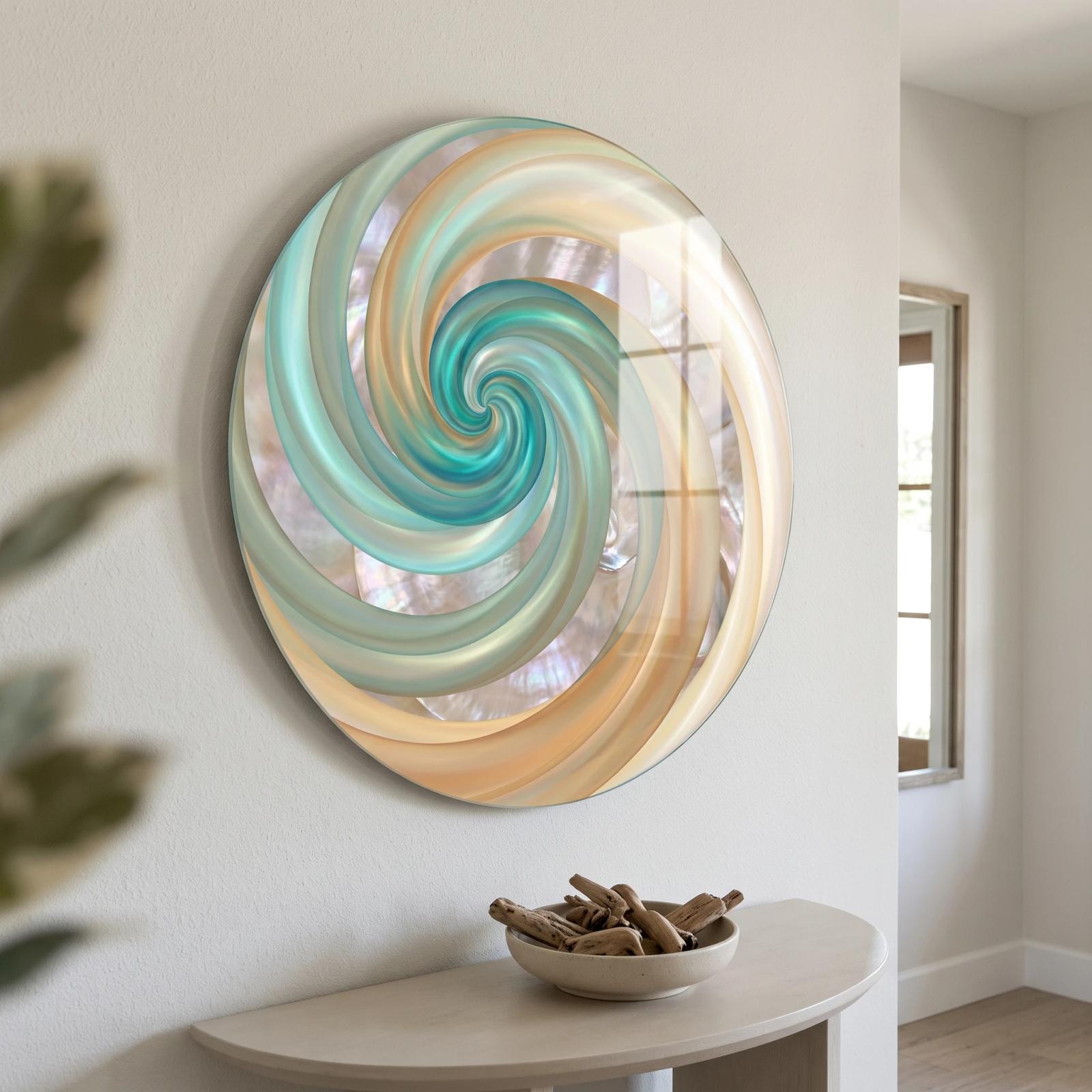 Teal Spiral Glass Wall Art Iridescent Vortex Tempered Glass Print — 2