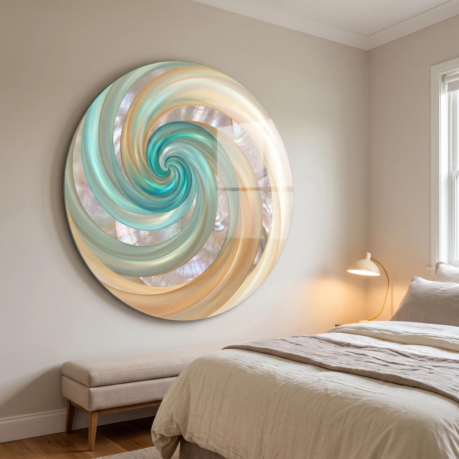 Teal Spiral Glass Wall Art Iridescent Vortex Tempered Glass Print — 3