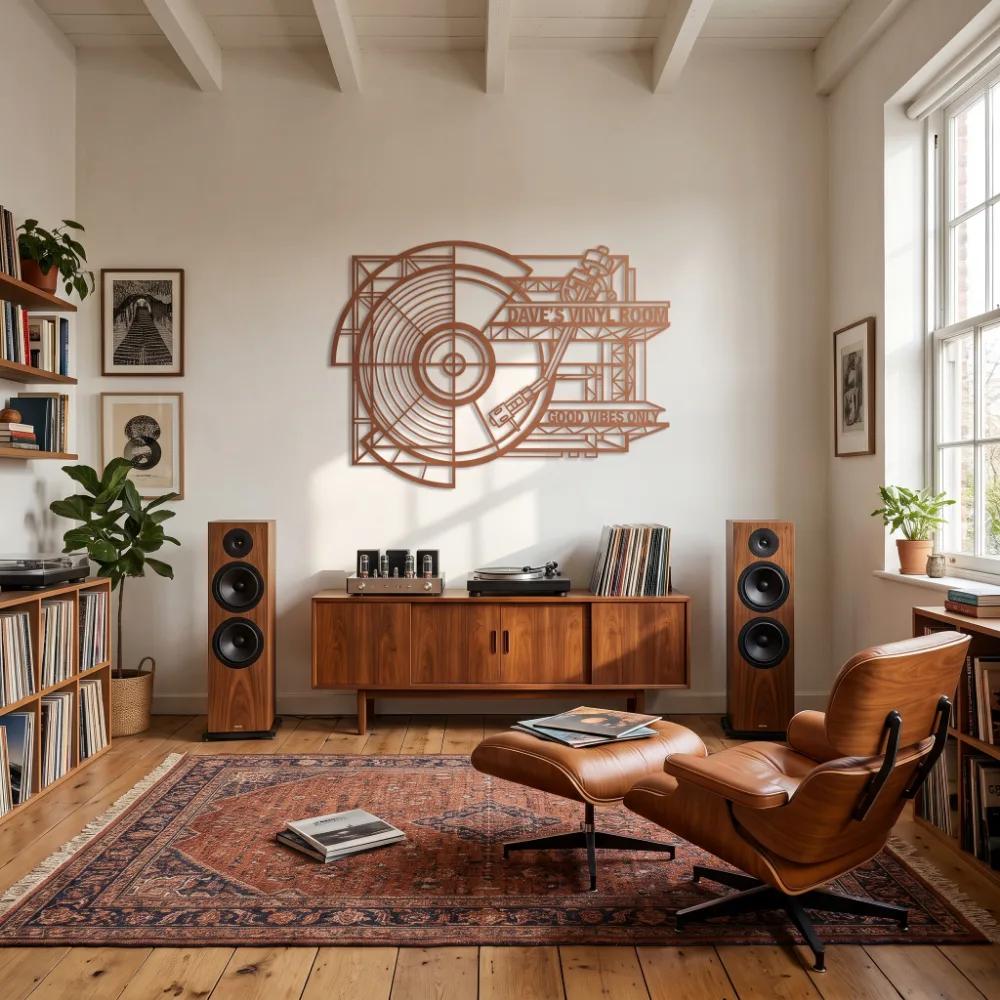 Turntable Lounge Metal Wall Art – Vinyl Record Player, Audiophile Listening Room Decor