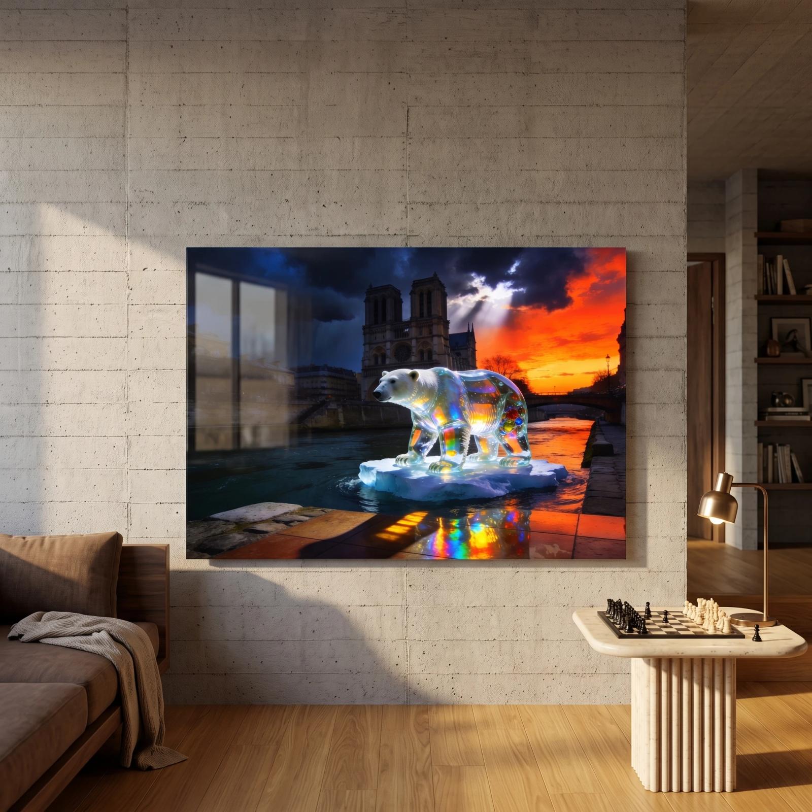Polar Bear Paris Art Surreal Sunset Seine | Glass Wall Art