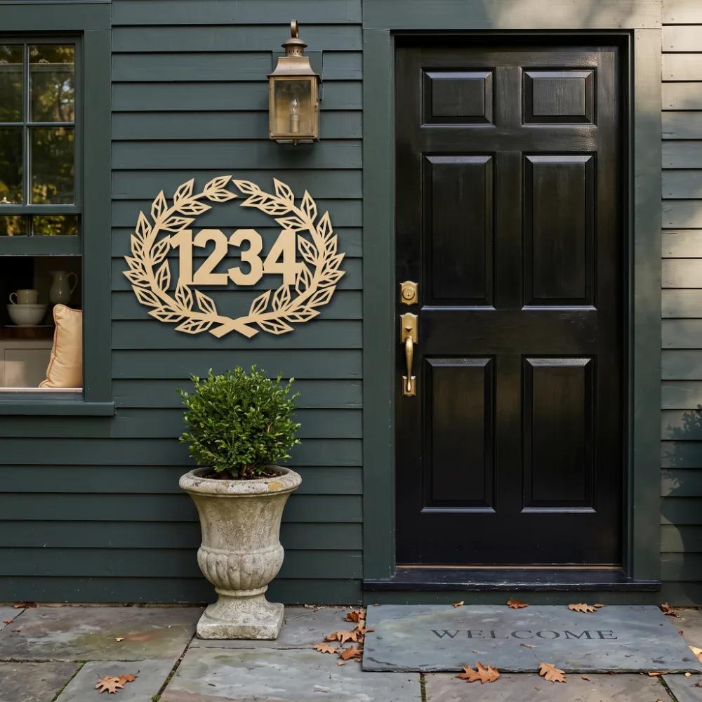 Laurel Wreath Metal Address Sign – Heritage Mark, Custom House Number Front Porch Decor