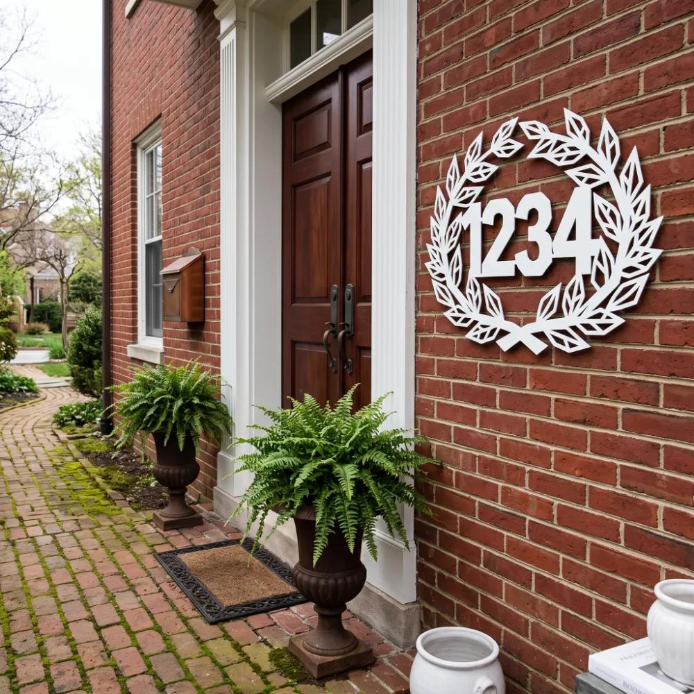 Laurel Wreath Metal Address Sign – Heritage Mark, Custom House Number Front Porch Decor — 2