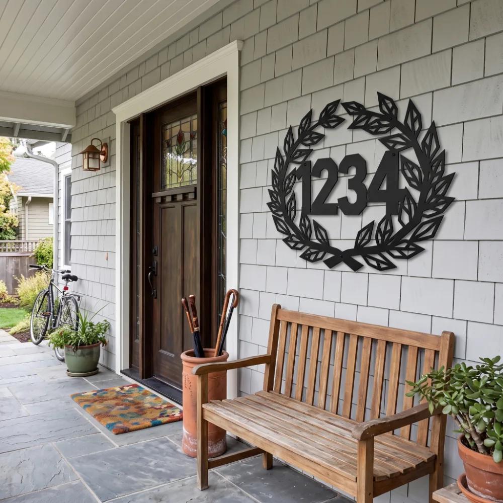 Laurel Wreath Metal Address Sign – Heritage Mark, Custom House Number Front Porch Decor — 4