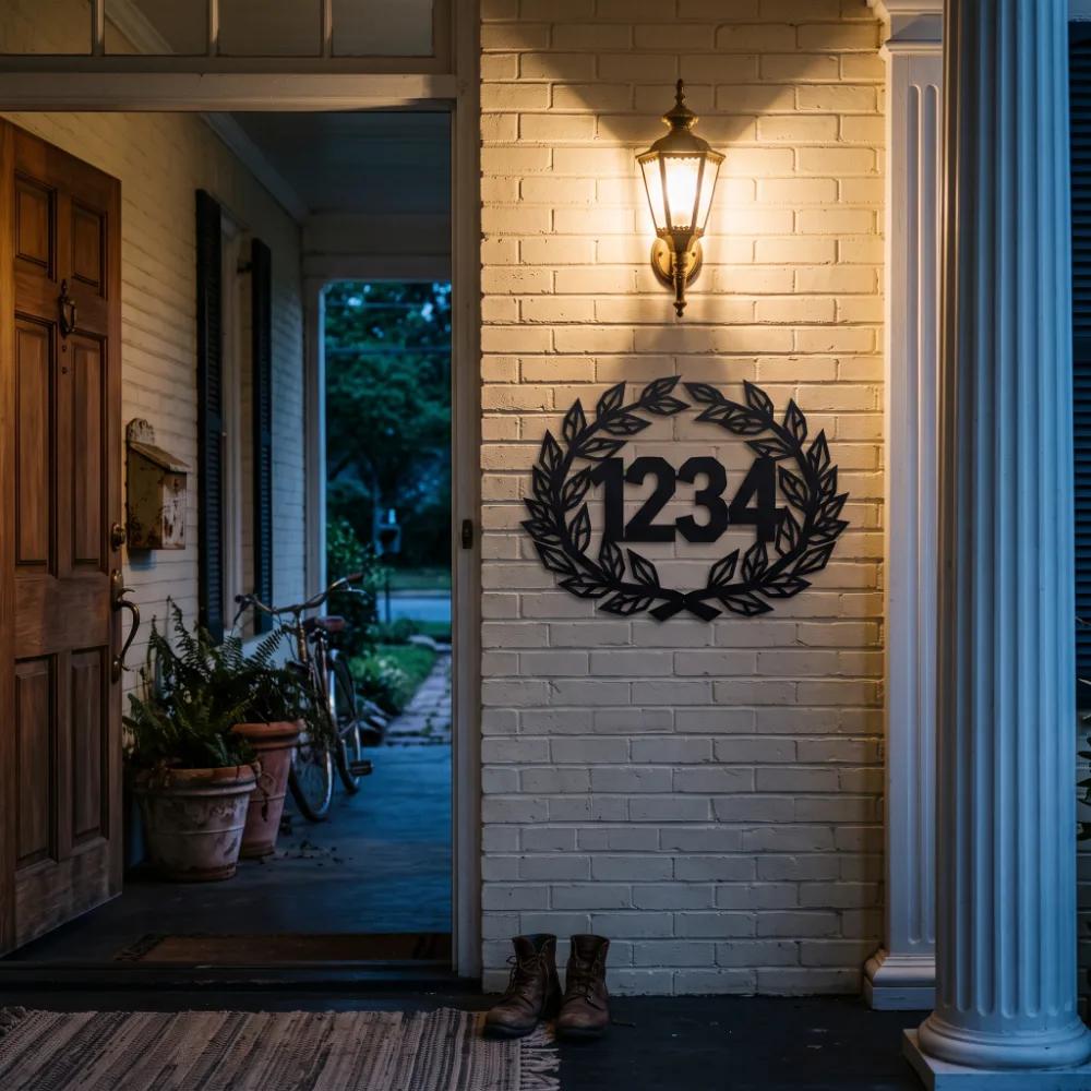 Laurel Wreath Metal Address Sign – Heritage Mark, Custom House Number Front Porch Decor — 6