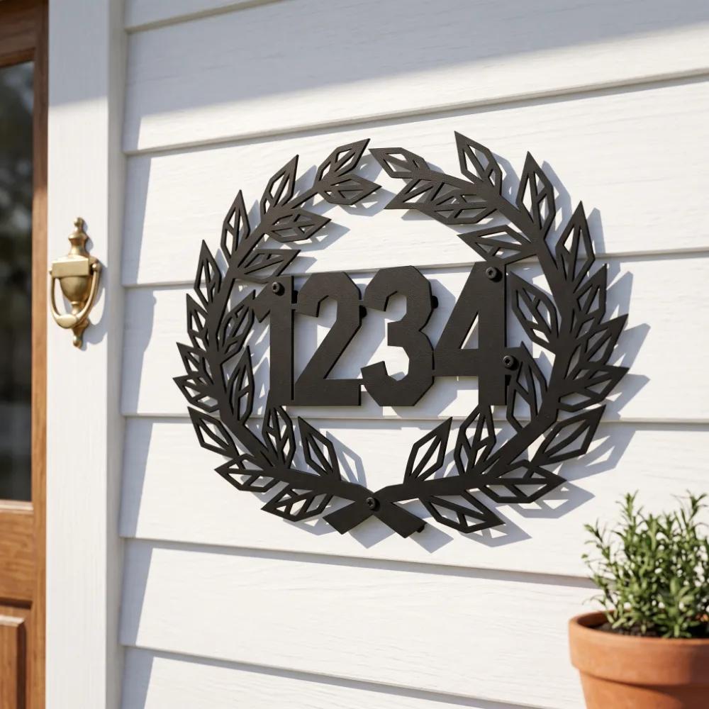 Laurel Wreath Metal Address Sign – Heritage Mark, Custom House Number Front Porch Decor — 7