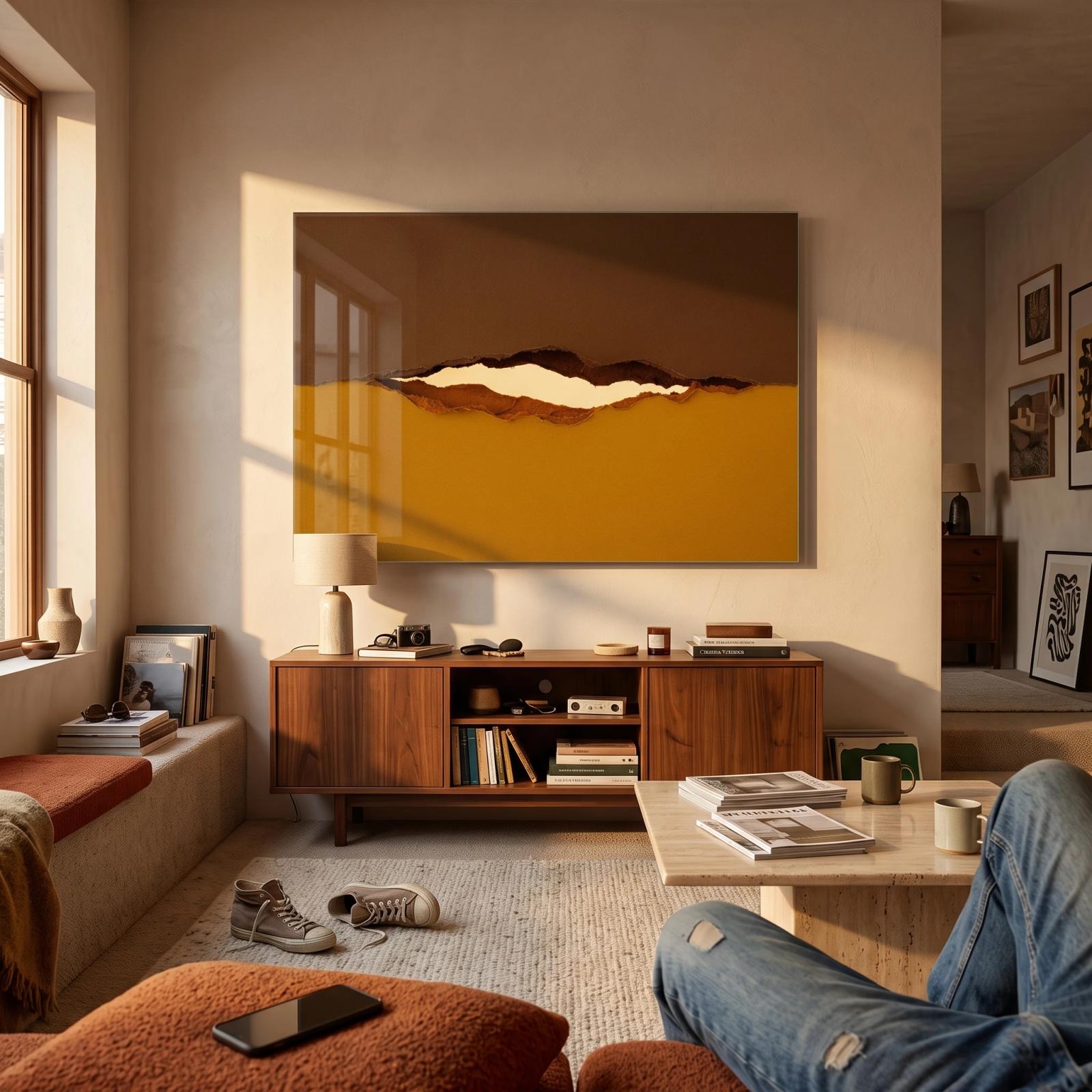 Earthy Abstract Horizon Wall Art Ochre Brown Glass Wall Art