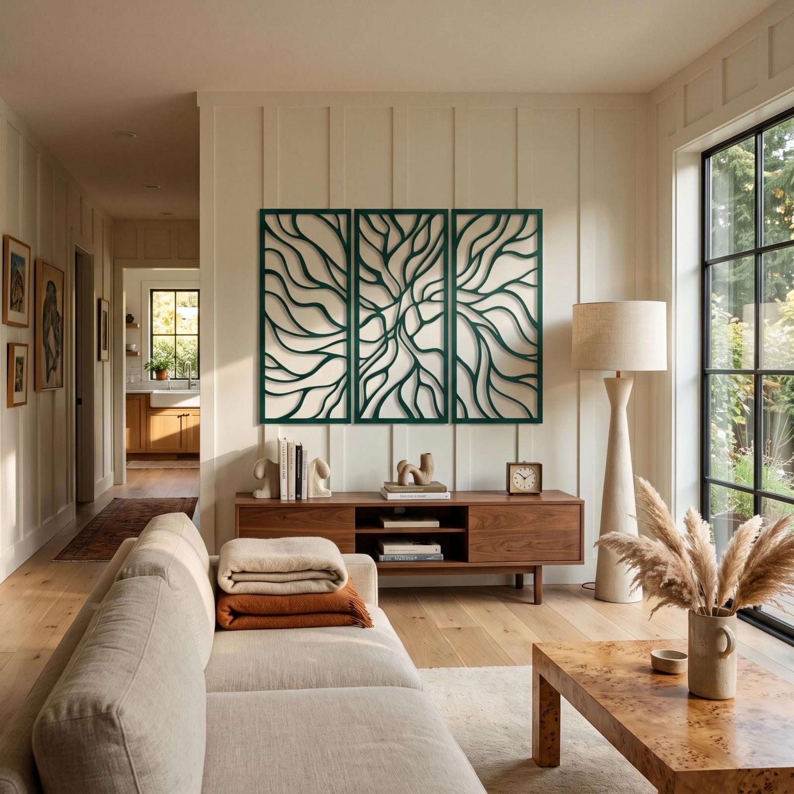 Abstract Wave Line Metal Wall Art Triptych – Root Current, Modern Living Room Decor