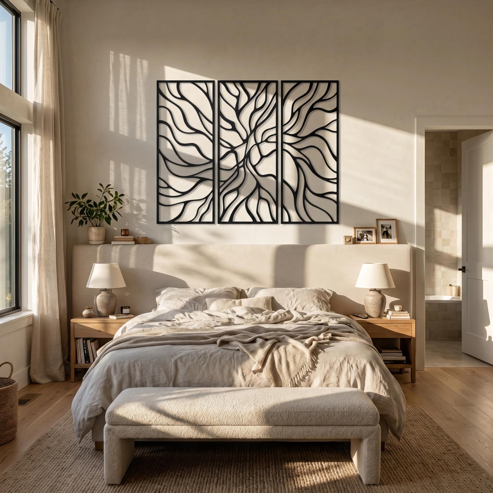 Abstract Wave Line Metal Wall Art Triptych – Root Current, Modern Living Room Decor — 4