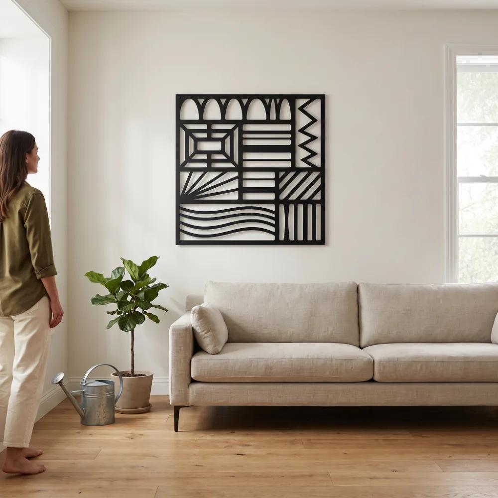 Geometric Pattern Metal Wall Art – Woven Cadence, Modern Living Room Decor — 4