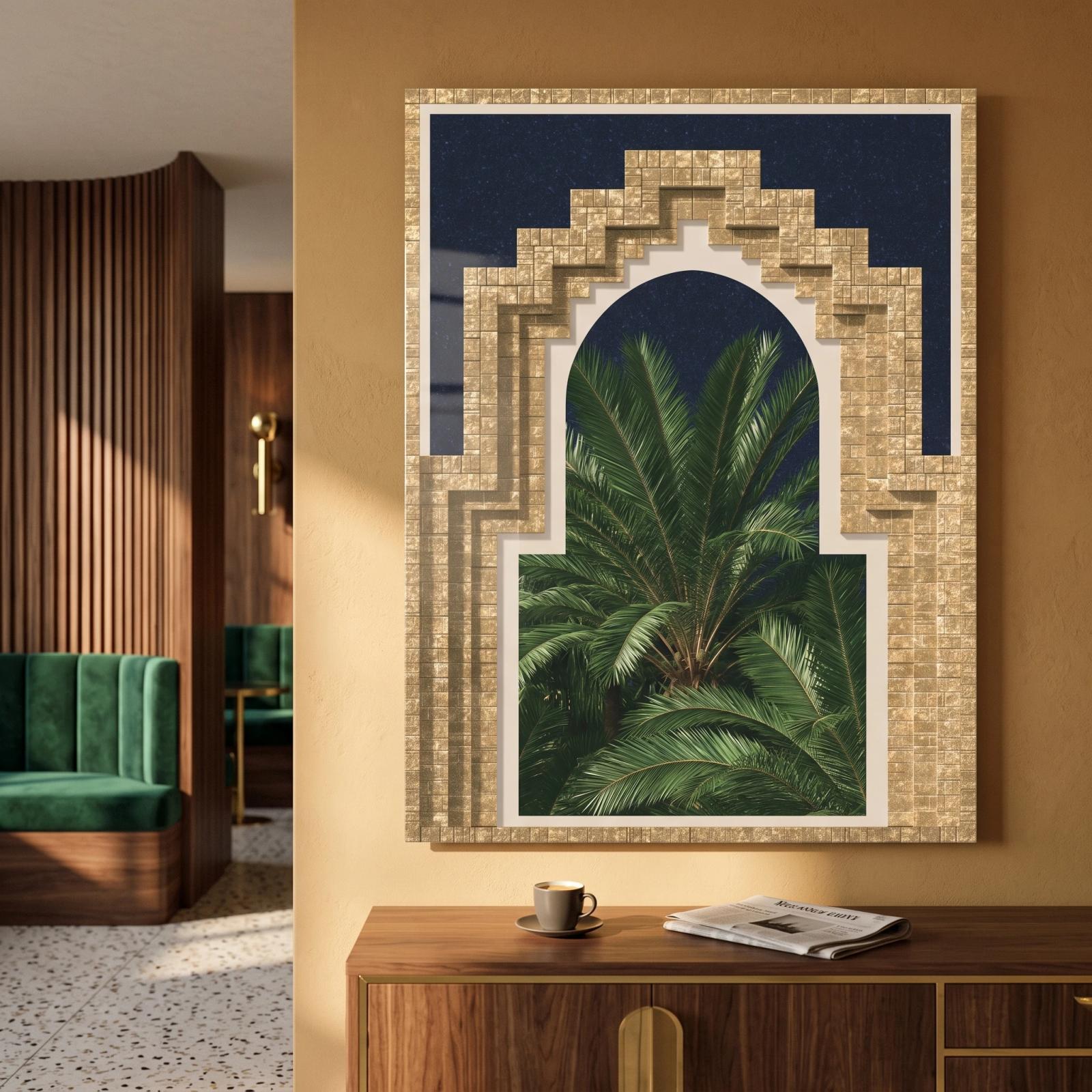 Art Deco Palm Arch Golden Tile Night Glass Wall Art