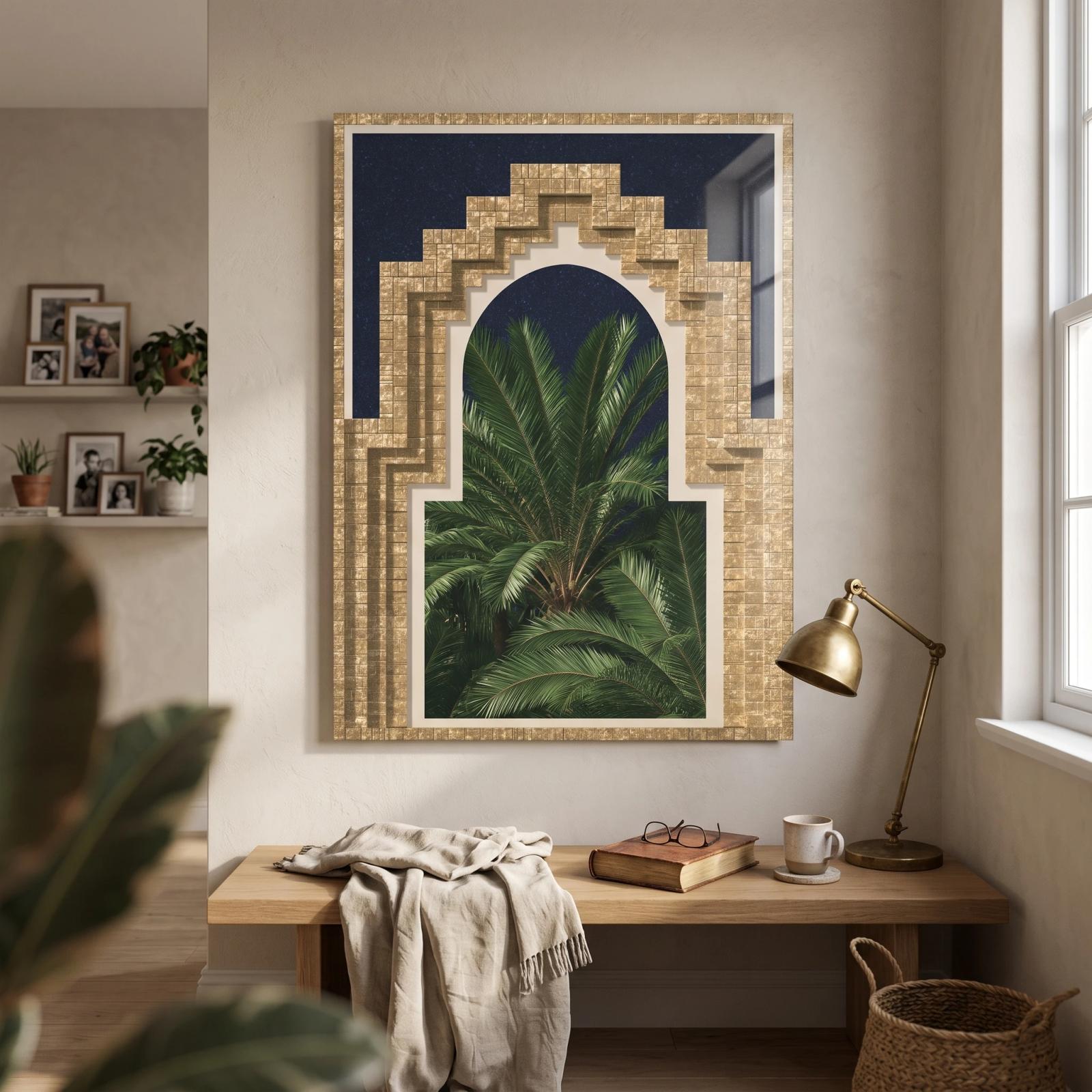 Art Deco Palm Arch Golden Tile Night Glass Wall Art — 2