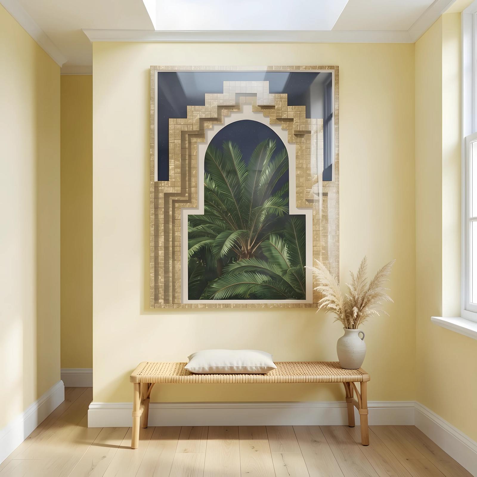 Art Deco Palm Arch Golden Tile Night Glass Wall Art — 7