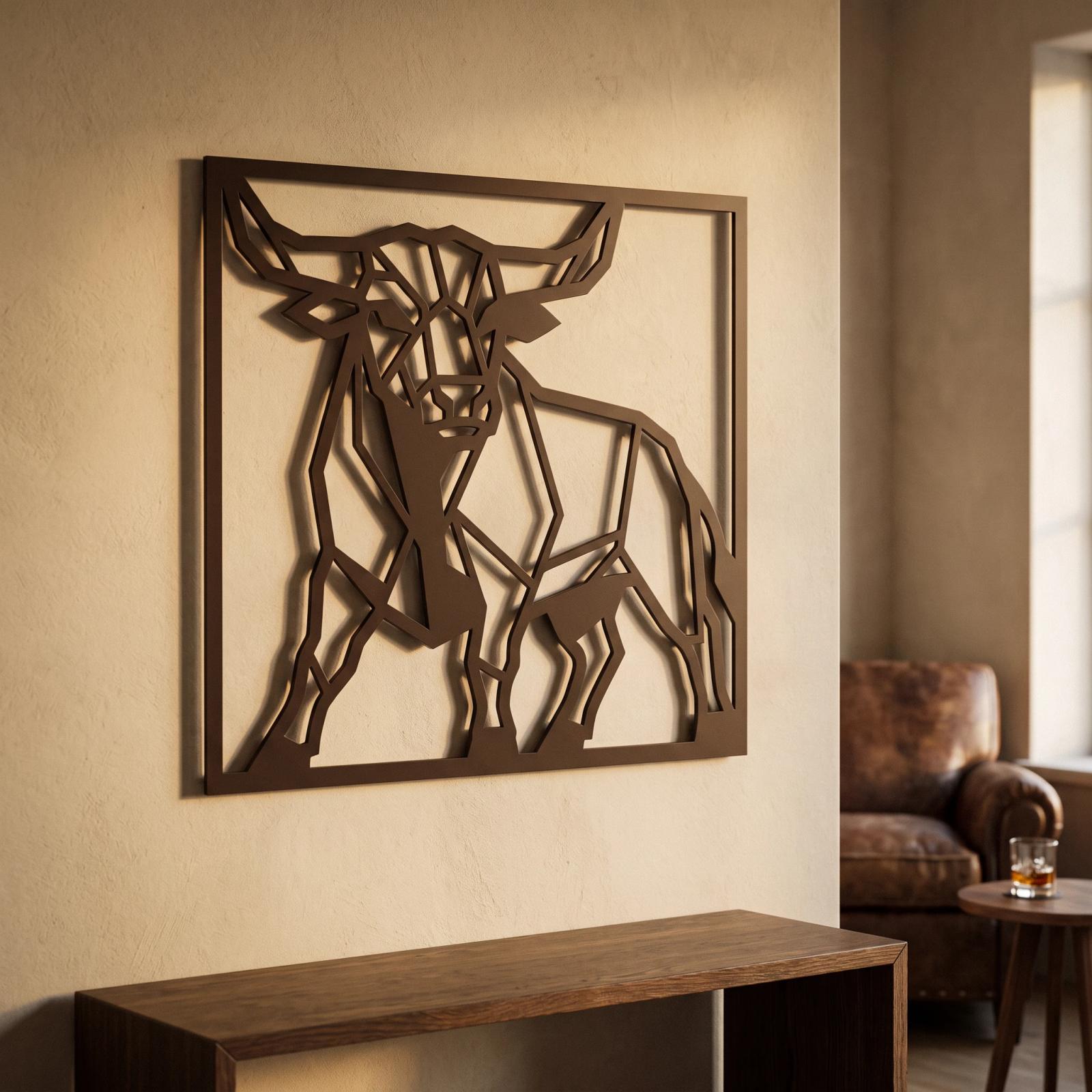 Geometric Bull Metal Wall Art – Stoic Bull, Rustic Living Room Decor