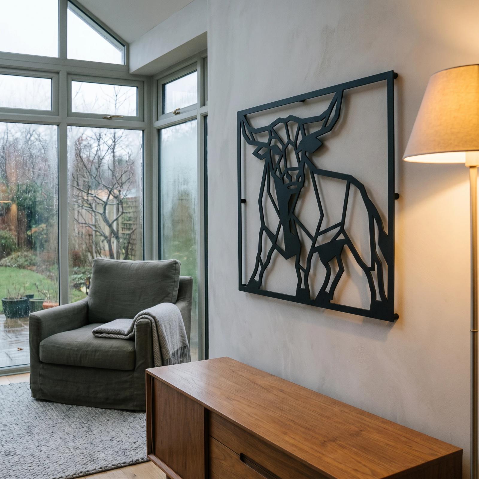 Geometric Bull Metal Wall Art – Stoic Bull, Rustic Living Room Decor — 4