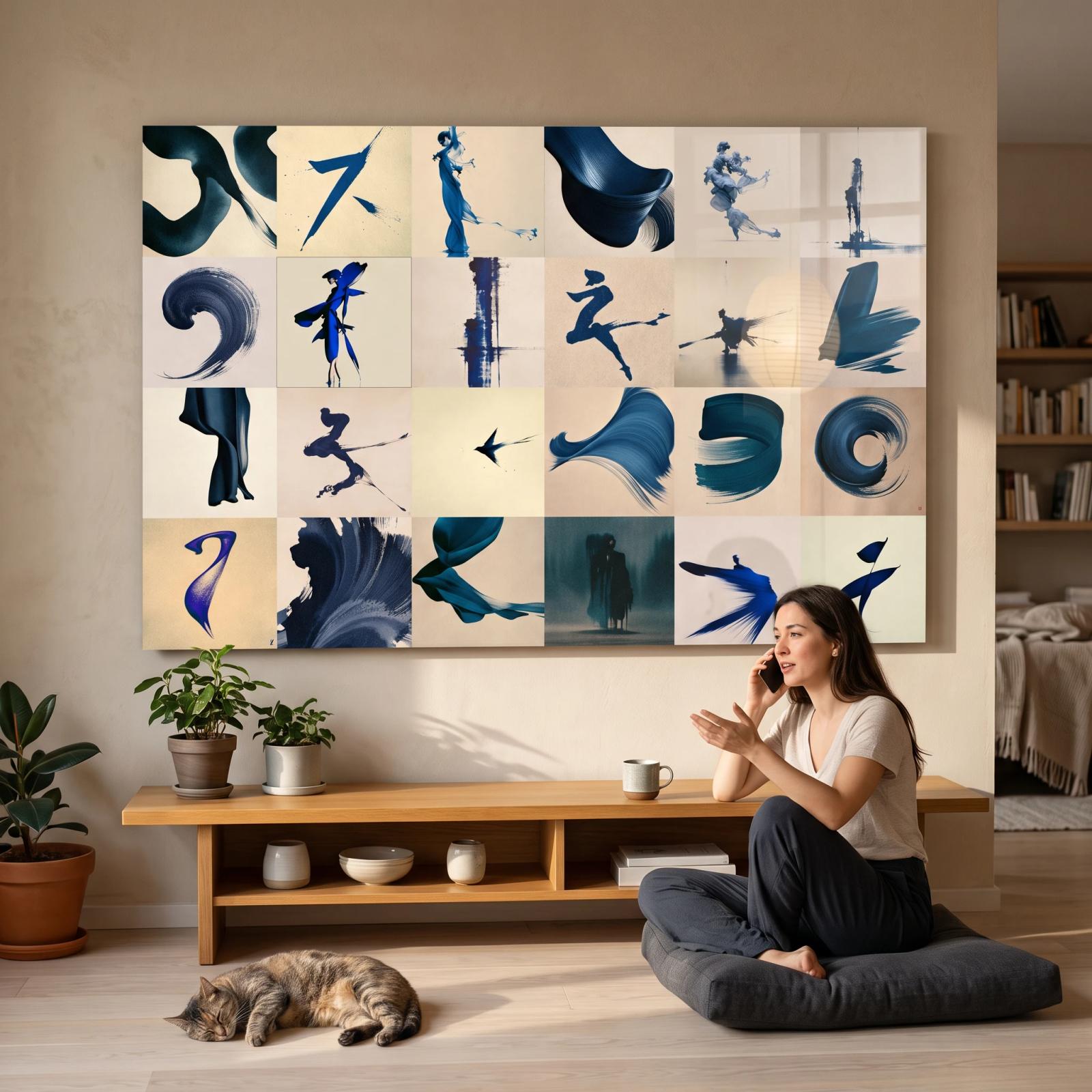 Indigo Brushstroke Abstract Ink Motion Glass Wall Art