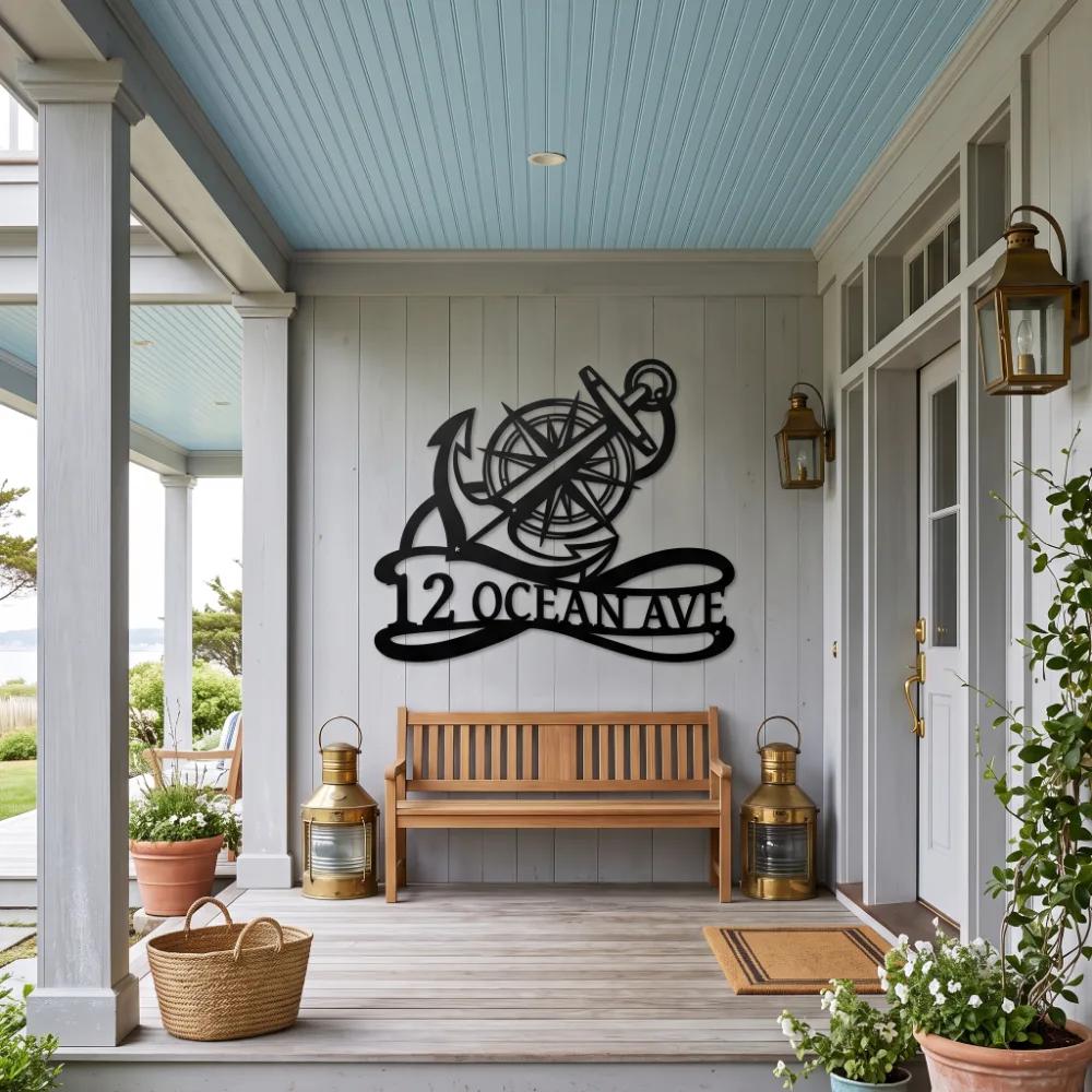 Custom Nautical Anchor Metal Address Sign – Coastal Arrival, Beach House Facade Decor