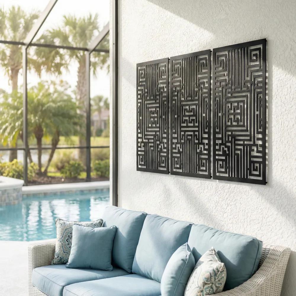 Abstract Geometric Metal Wall Art – Linear Maze Triptych, Living Room Decor — 2