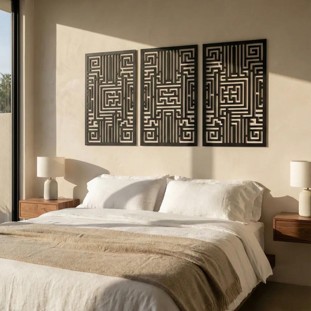 Abstract Geometric Metal Wall Art – Linear Maze Triptych, Living Room Decor