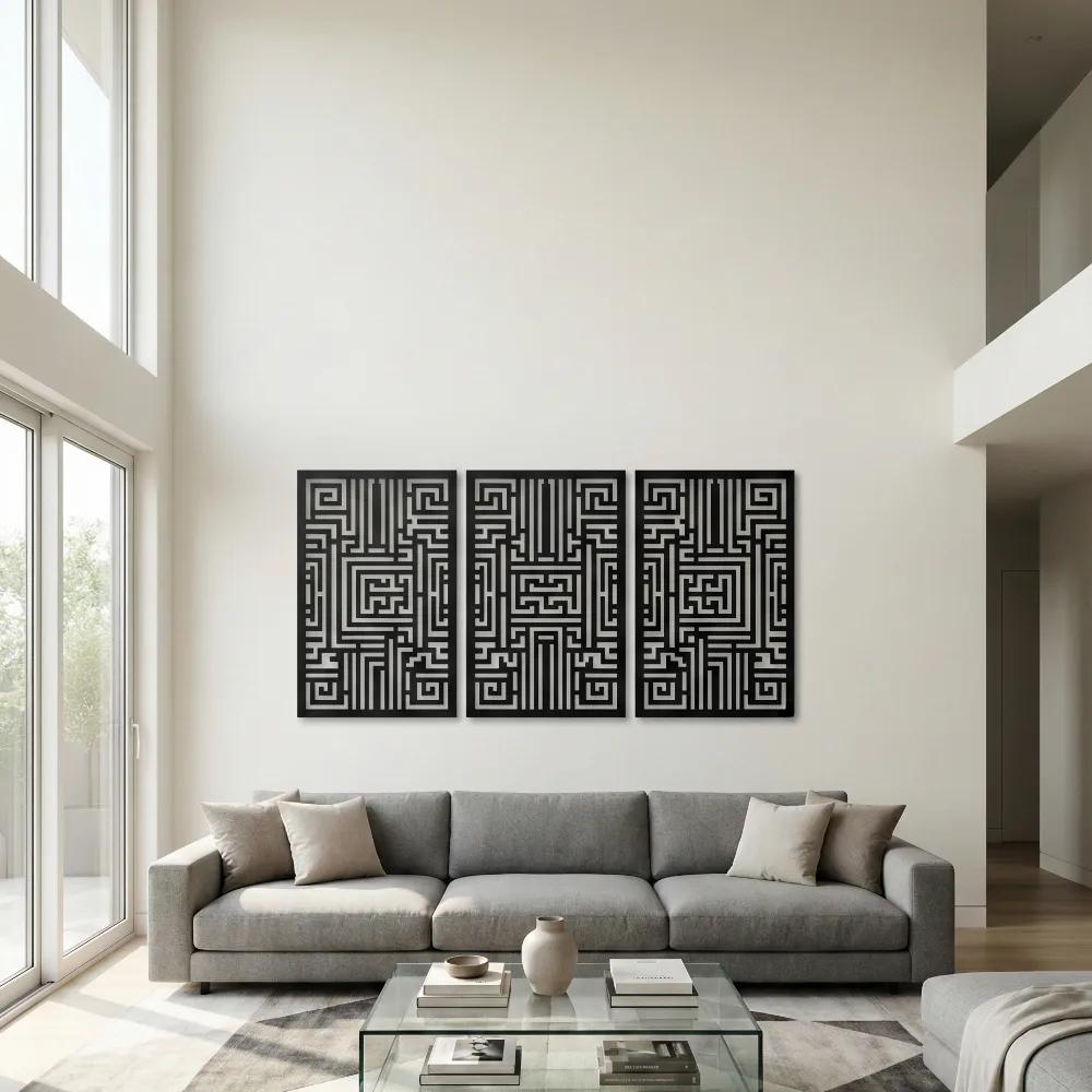 Abstract Geometric Metal Wall Art – Linear Maze Triptych, Living Room Decor — 3