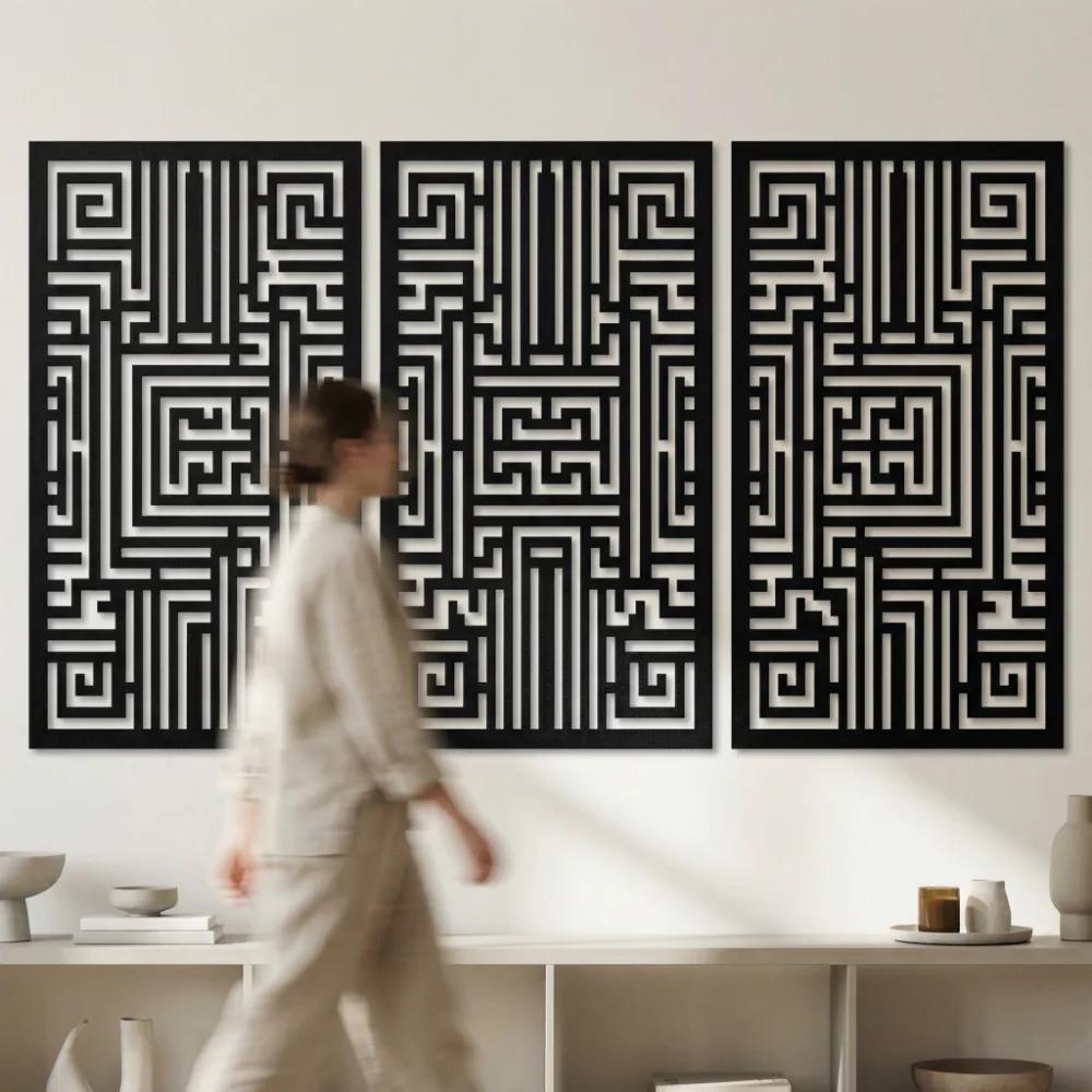 Abstract Geometric Metal Wall Art – Linear Maze Triptych, Living Room Decor — 5