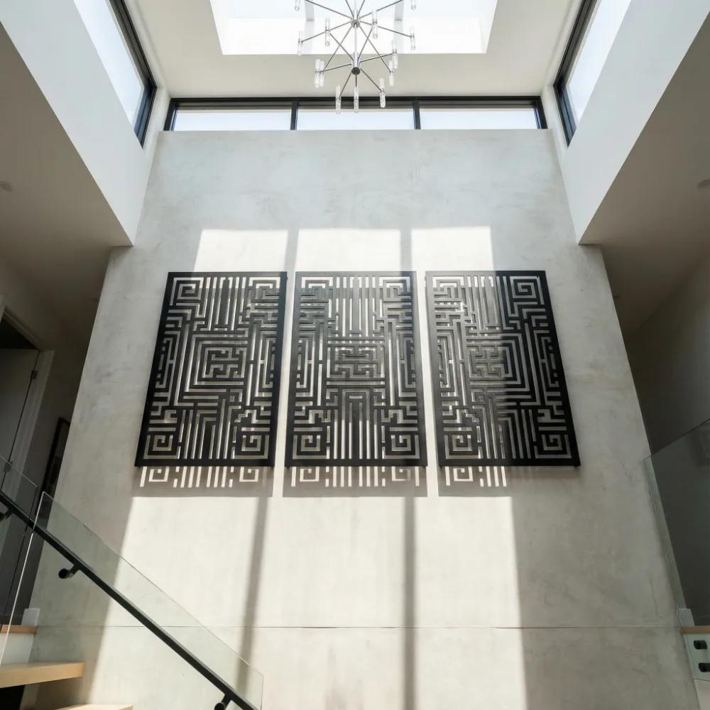 Abstract Geometric Metal Wall Art – Linear Maze Triptych, Living Room Decor — 6