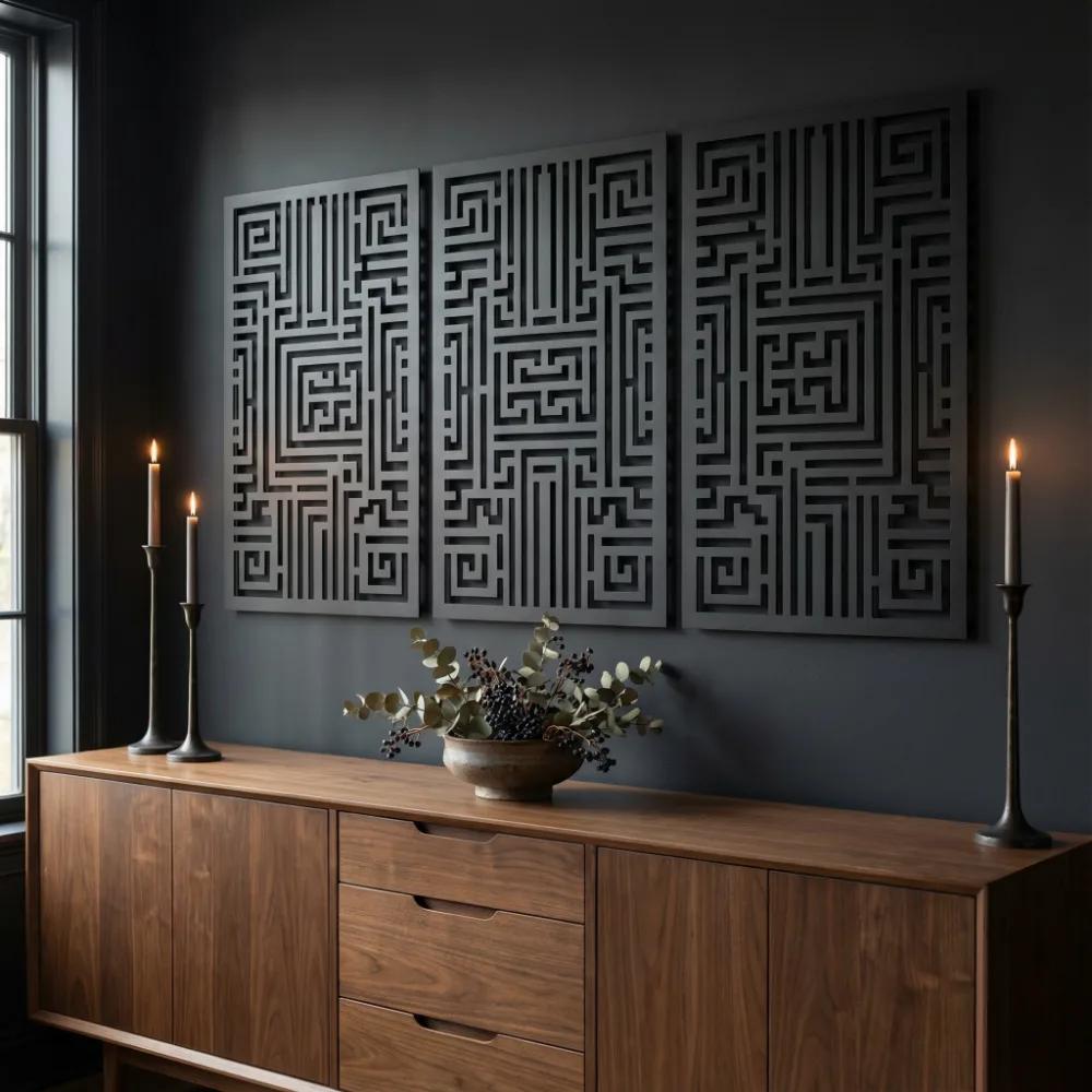 Abstract Geometric Metal Wall Art – Linear Maze Triptych, Living Room Decor — 7