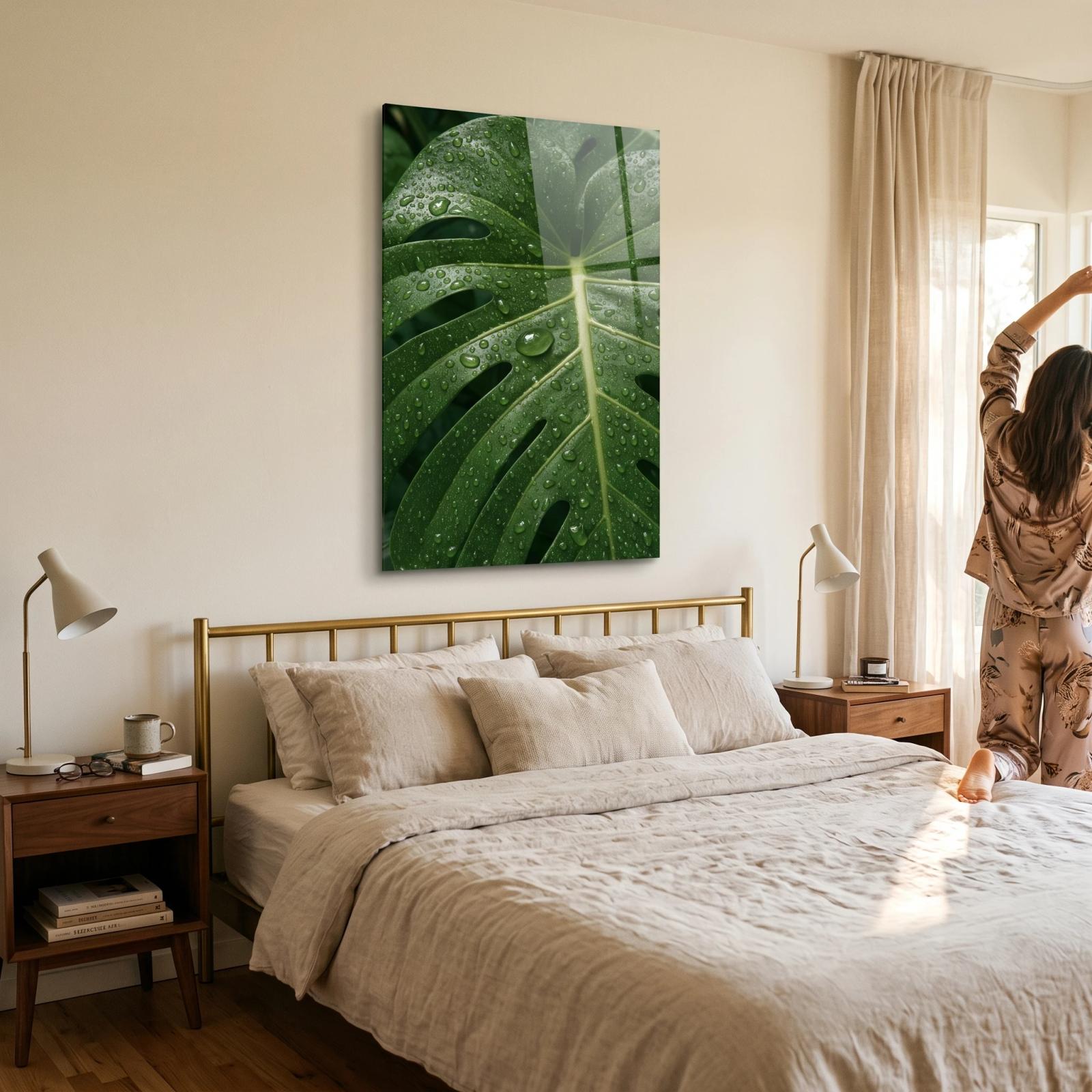 Monstera Leaf Glass Wall Art Raindrops | Glass Wall Decor