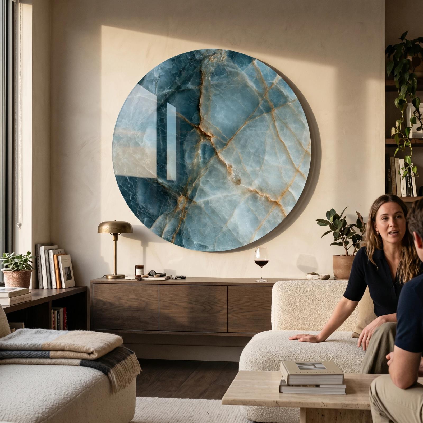 Blue Onyx Marble Abstract Round Tempered Glass Wall Art