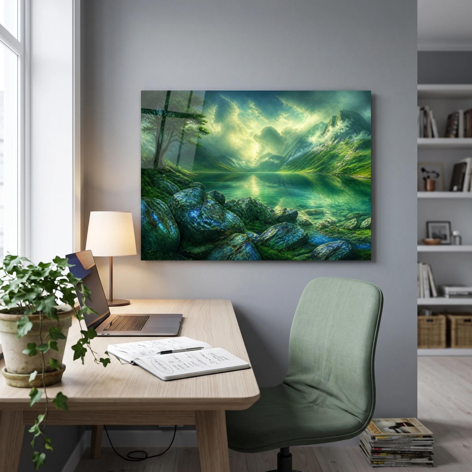 Green Mountain Lake Landscape Tempered Glass Wall Art — 3