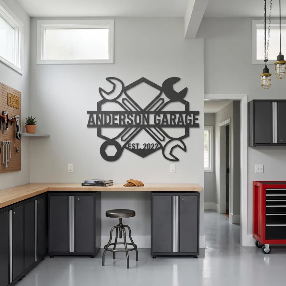 Custom Garage Metal Industrial Wall Art – Wrench Crest, Man Cave Workshop Decor