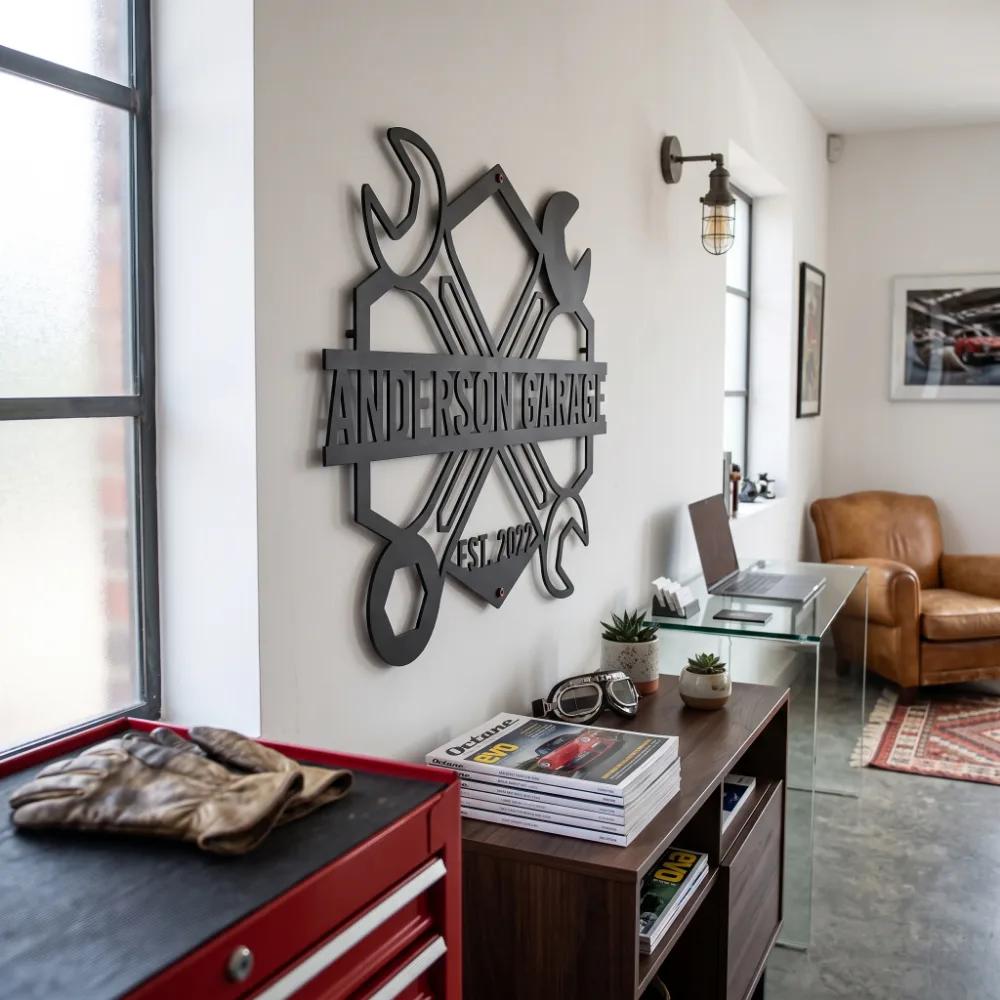 Custom Garage Metal Industrial Wall Art – Wrench Crest, Man Cave Workshop Decor — 7
