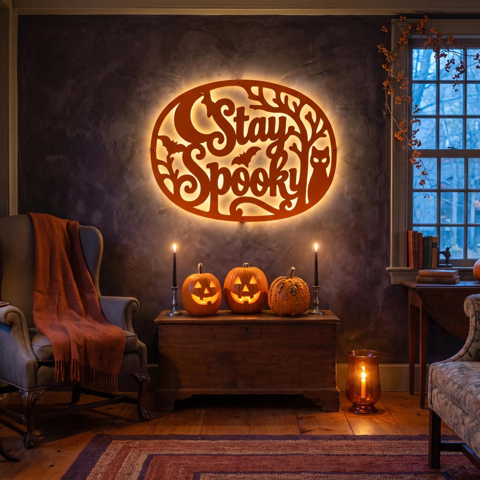 Stay Spooky Halloween LED Metal Wall Art – Midnight Familiar, Porch & Living Room Decor