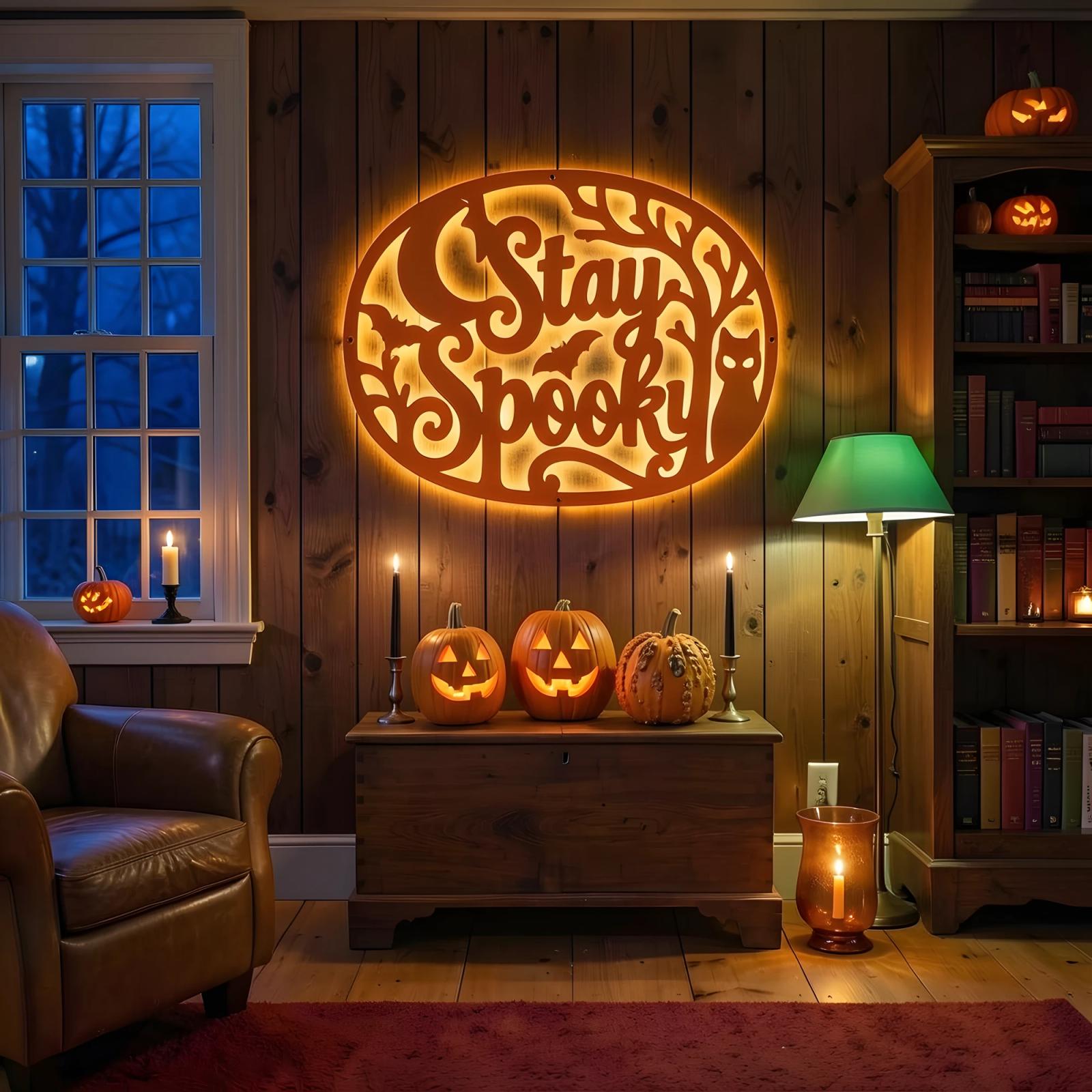 Stay Spooky Halloween LED Metal Wall Art – Midnight Familiar, Porch & Living Room Decor — 5