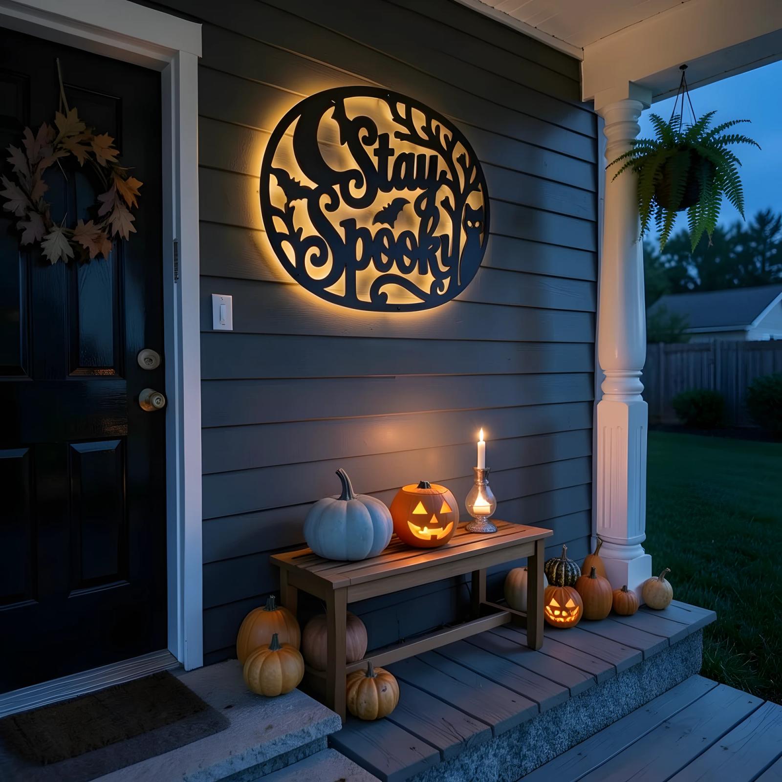 Stay Spooky Halloween LED Metal Wall Art – Midnight Familiar, Porch & Living Room Decor — 6