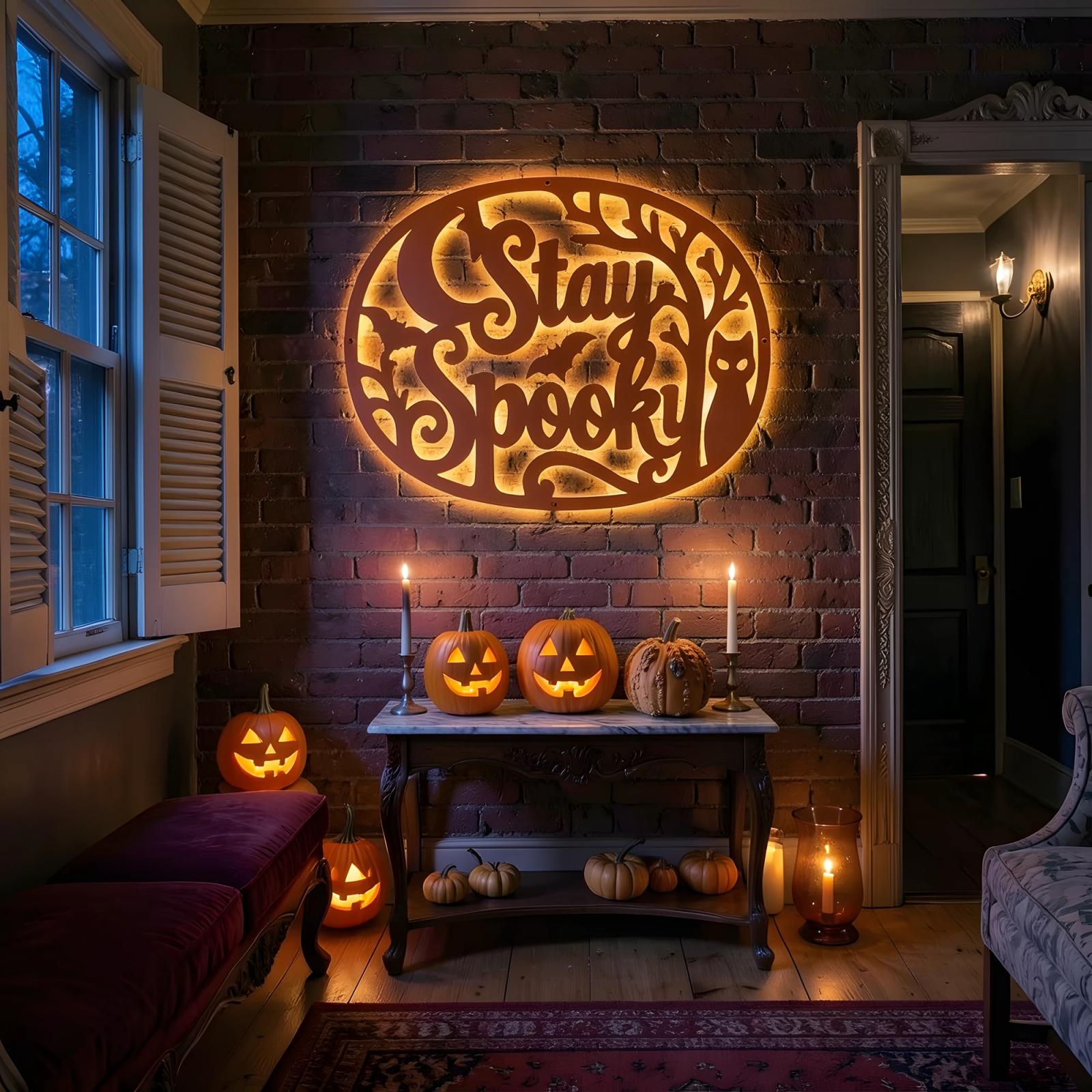 Stay Spooky Halloween LED Metal Wall Art – Midnight Familiar, Porch & Living Room Decor — 8