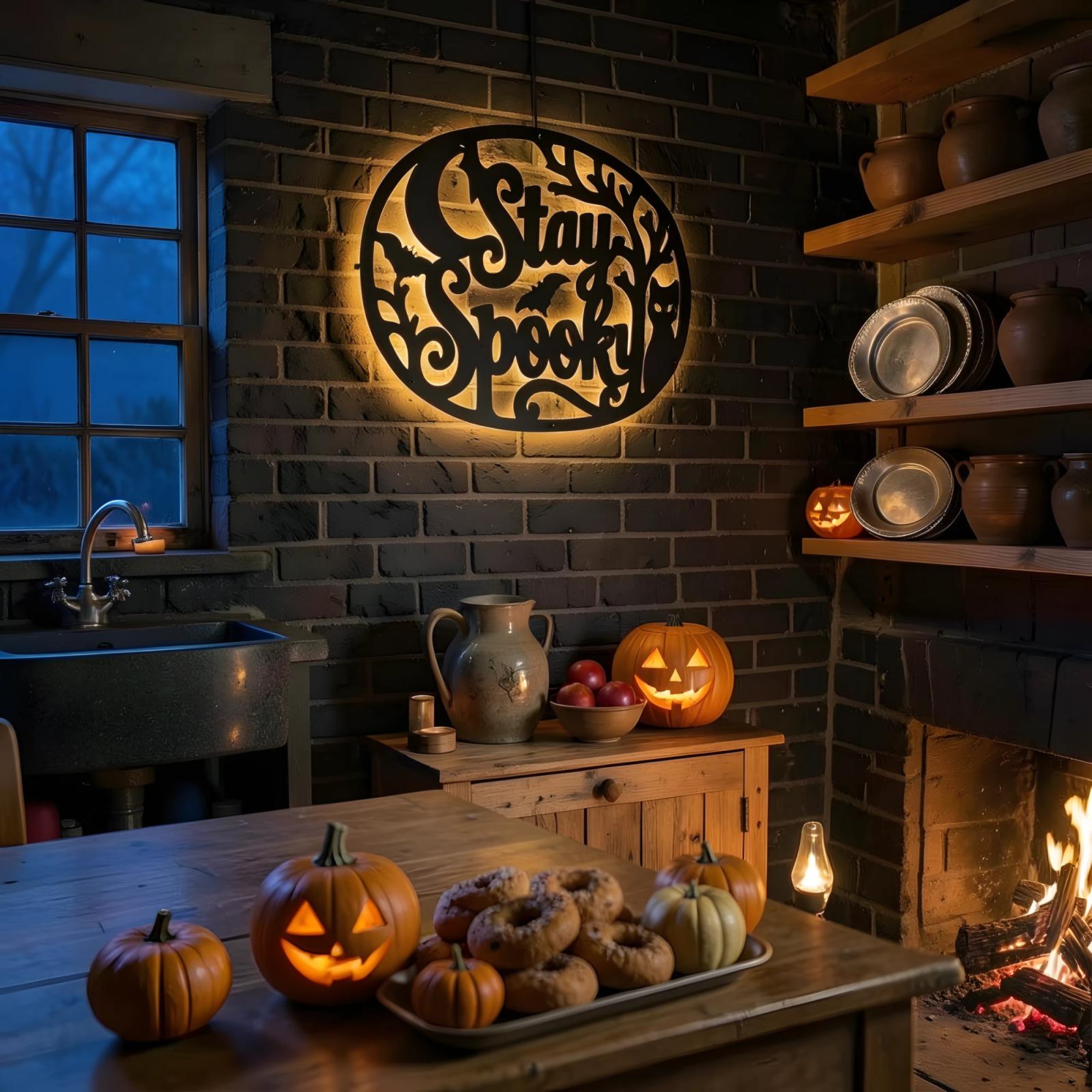 Stay Spooky Halloween LED Metal Wall Art – Midnight Familiar, Porch & Living Room Decor — 9
