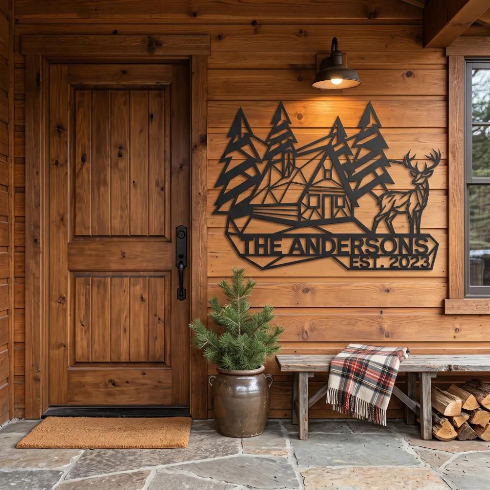 Custom Mountain Cabin Metal Address Sign – Forest Arrival, Rustic Facade & Porch Decor