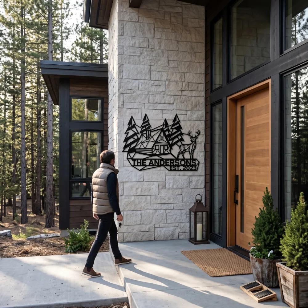 Custom Mountain Cabin Metal Address Sign – Forest Arrival, Rustic Facade & Porch Decor — 3