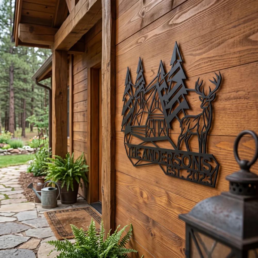 Custom Mountain Cabin Metal Address Sign – Forest Arrival, Rustic Facade & Porch Decor — 6