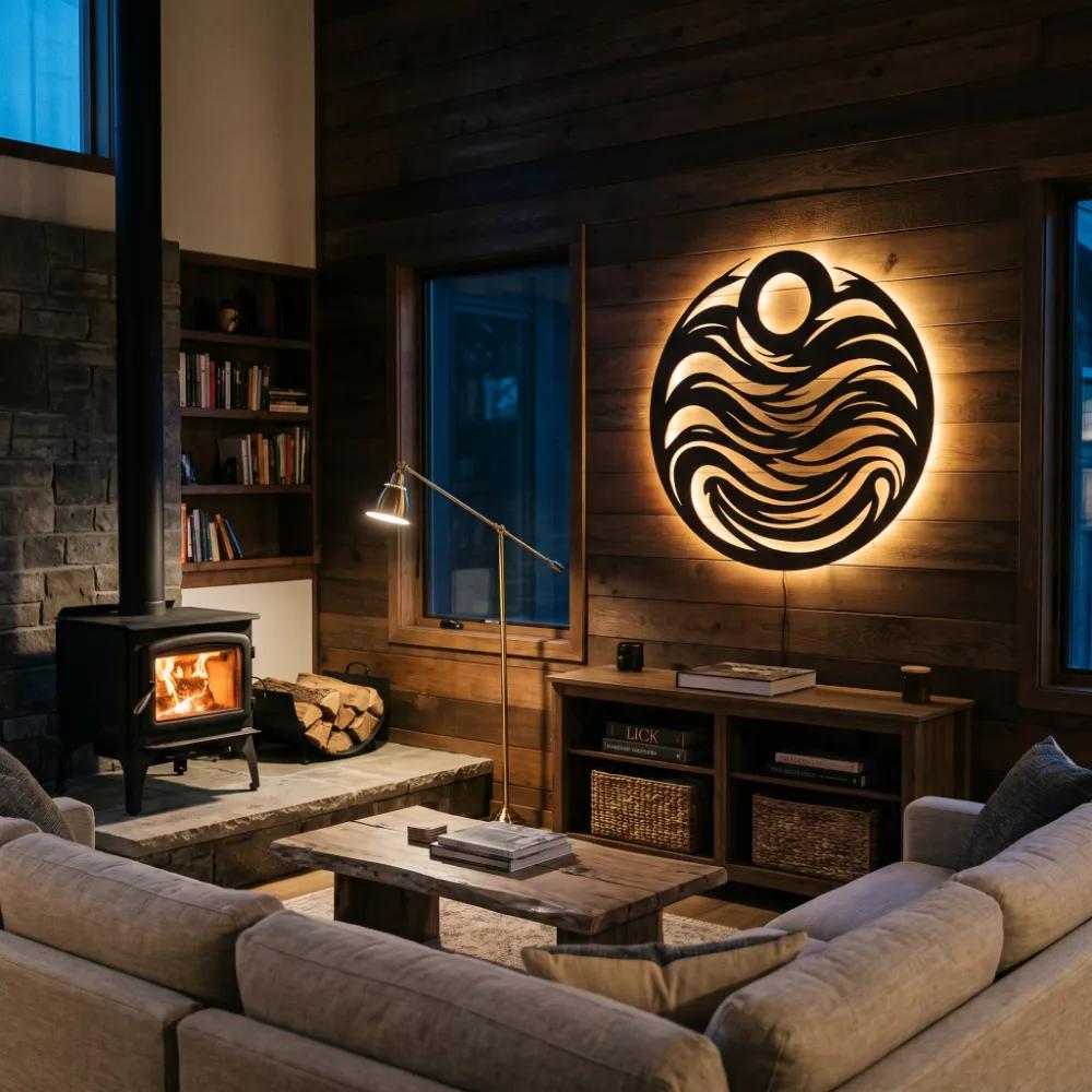 Ocean Wave Circle Metal Wall Art – Tide Chorus, LED Backlit Coastal Living Room Decor