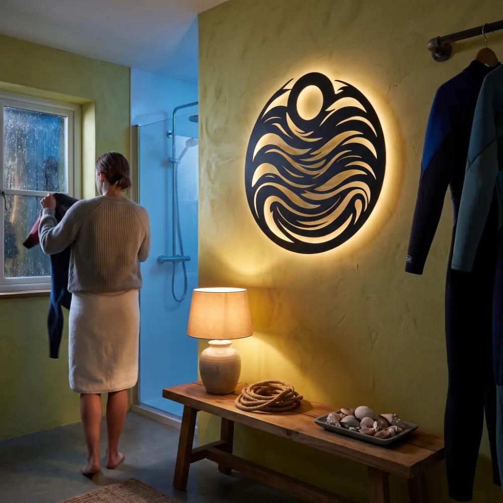 Ocean Wave Circle Metal Wall Art – Tide Chorus, LED Backlit Coastal Living Room Decor — 3