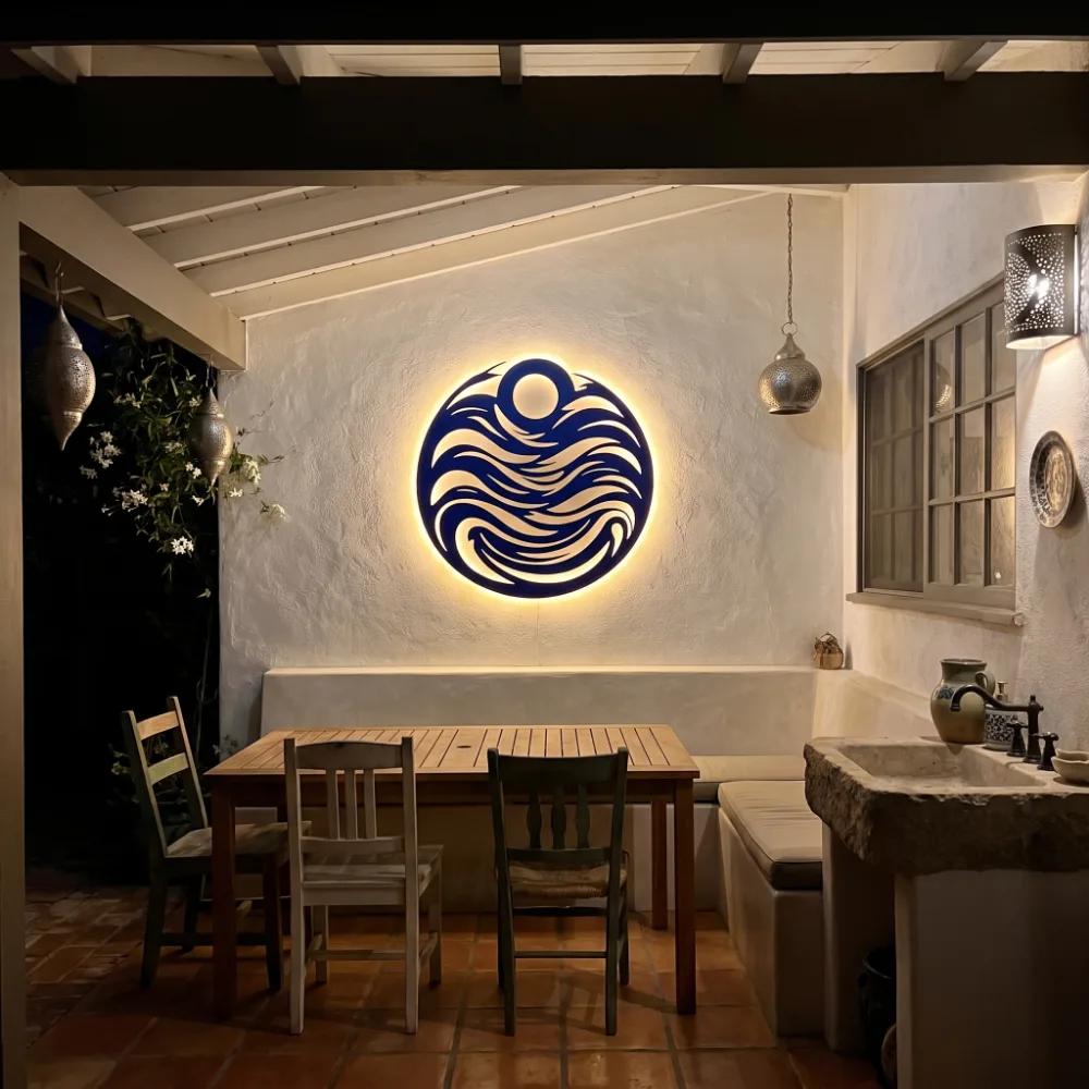Ocean Wave Circle Metal Wall Art – Tide Chorus, LED Backlit Coastal Living Room Decor — 4