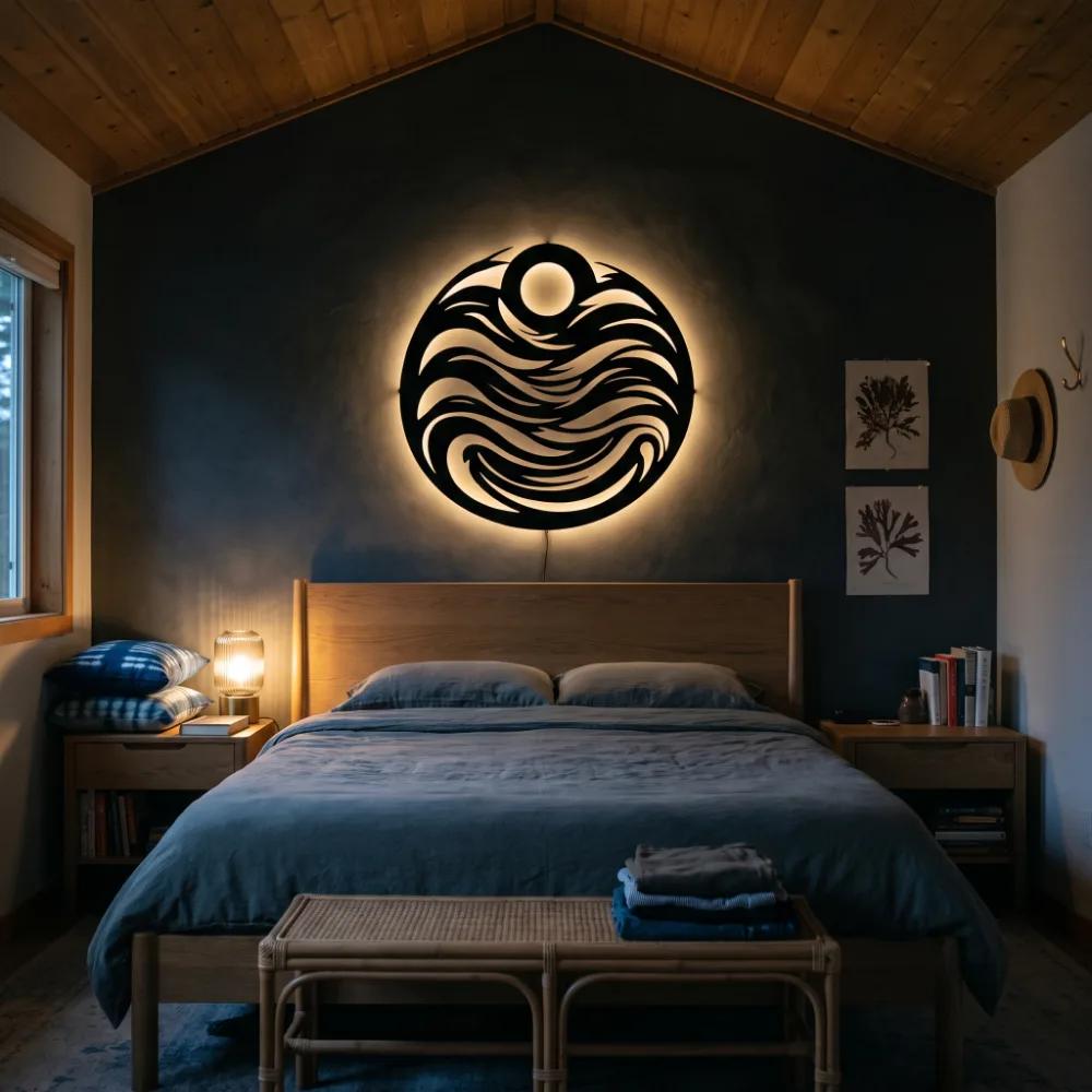 Ocean Wave Circle Metal Wall Art – Tide Chorus, LED Backlit Coastal Living Room Decor — 6
