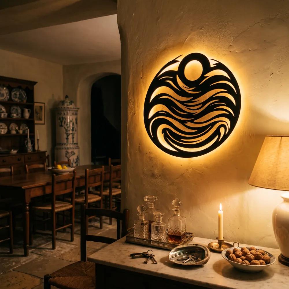Ocean Wave Circle Metal Wall Art – Tide Chorus, LED Backlit Coastal Living Room Decor — 7