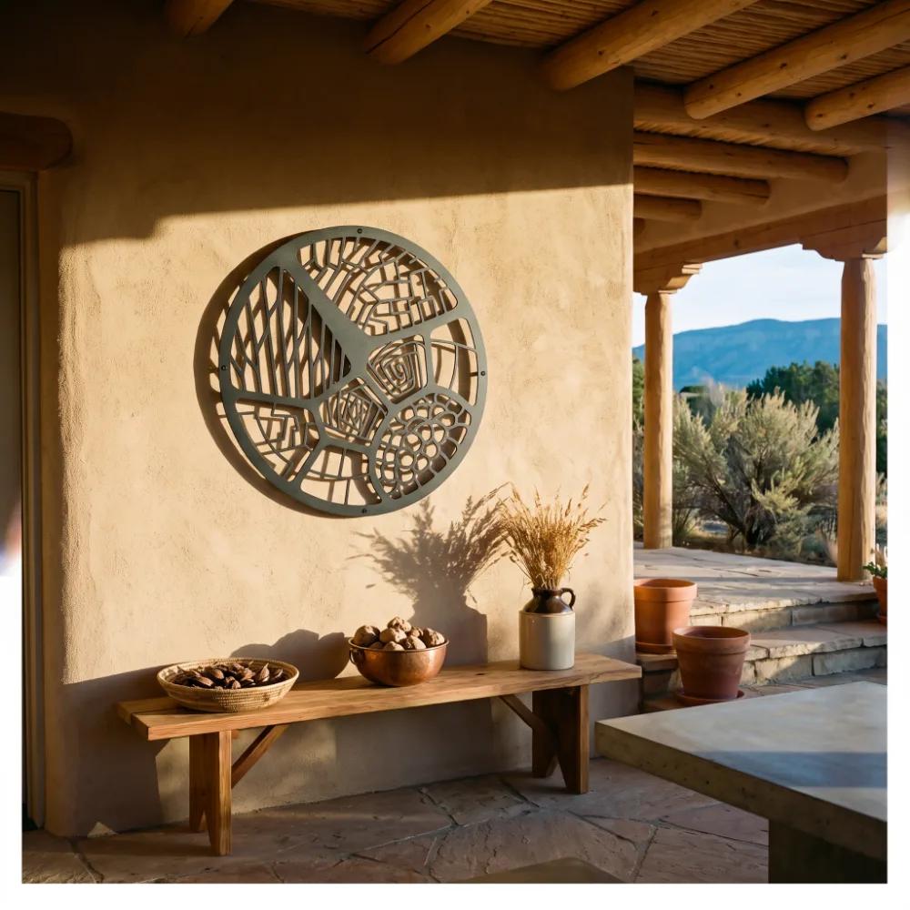 Round Mosaic Metal Wall Art – Woven Terrain, Organic Textile Pattern Living Room Decor — 4