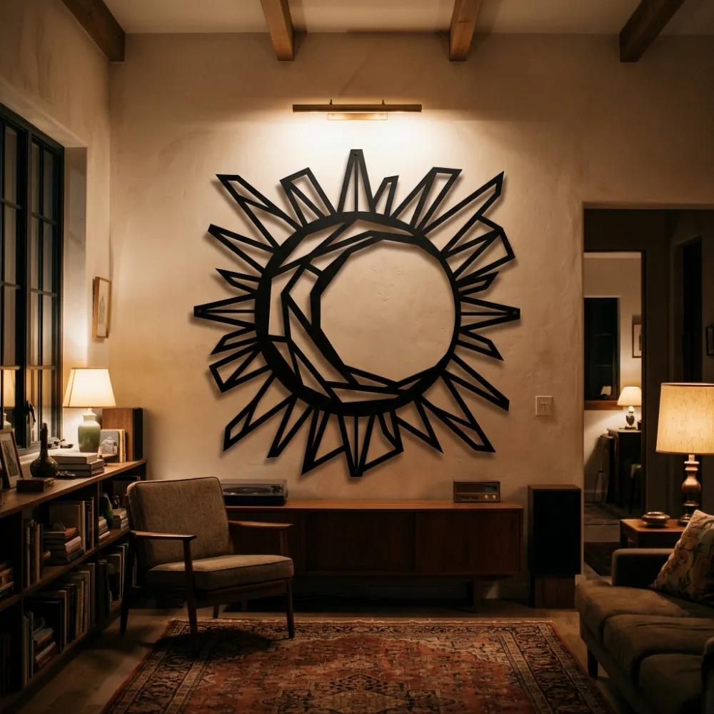Geometric Sun and Moon Metal Wall Art – Celestial Harmony, Living Room Decor