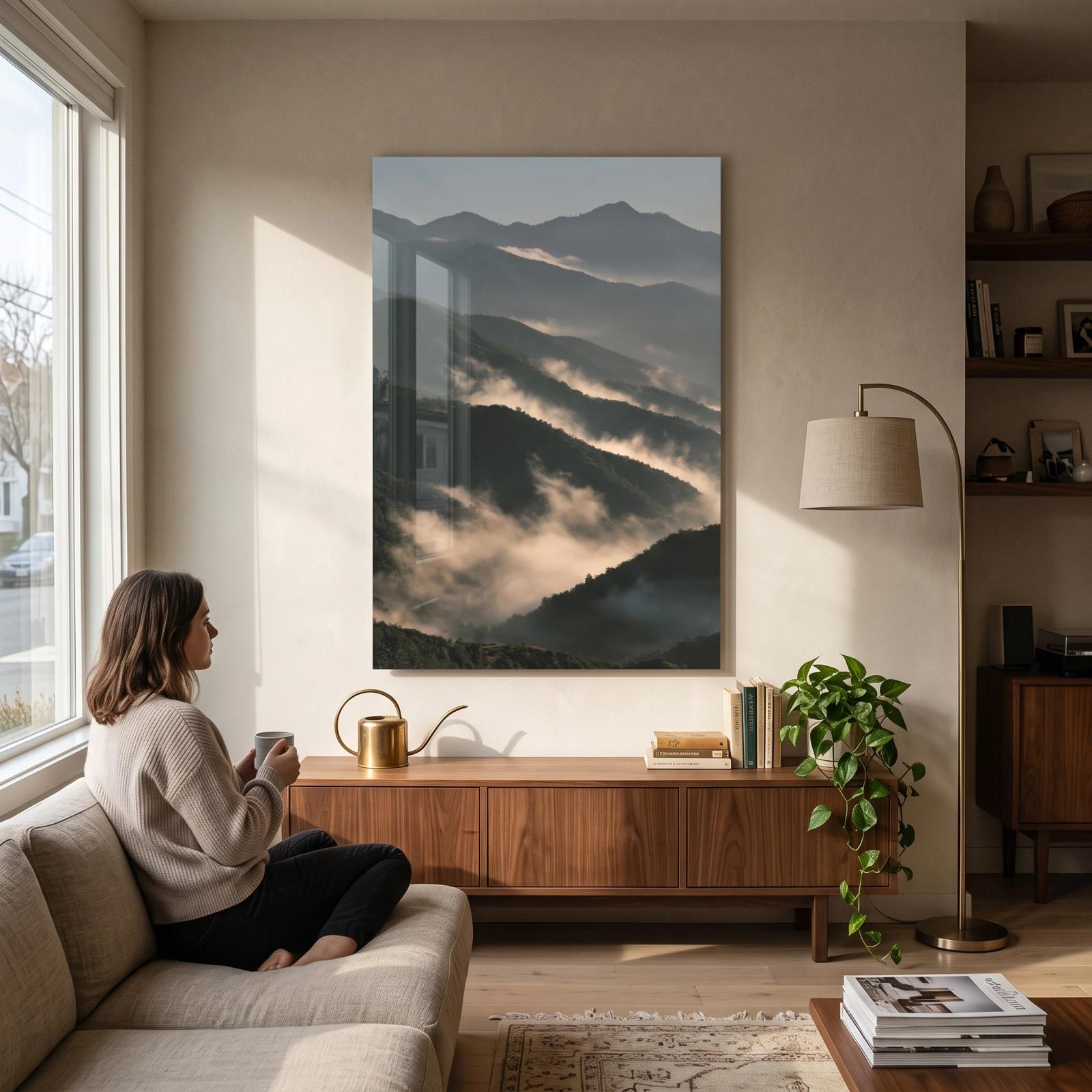 Misty Mountain Landscape Fog Ridgeline Glass Wall Art